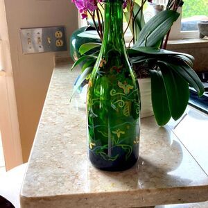 Hand painted floral pattern food safe green glass bottle vase olive oil holder